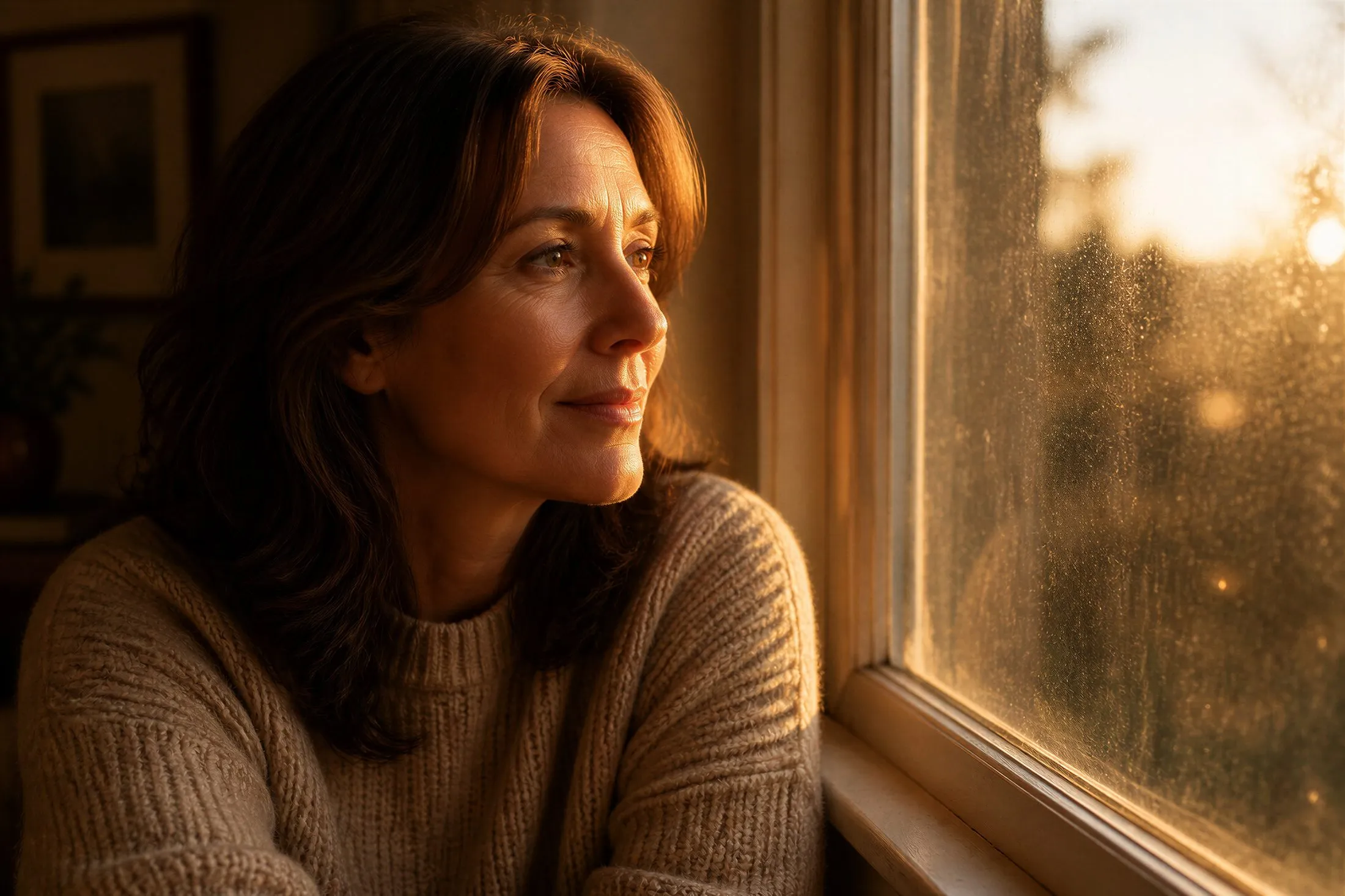 Woman looking out a window in warm light